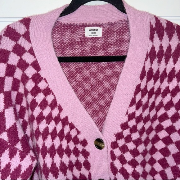 Cotton On Knit Cardigan Barbie Optical Splice Berry Sz Medium Checkered Academia - Picture 9 of 10